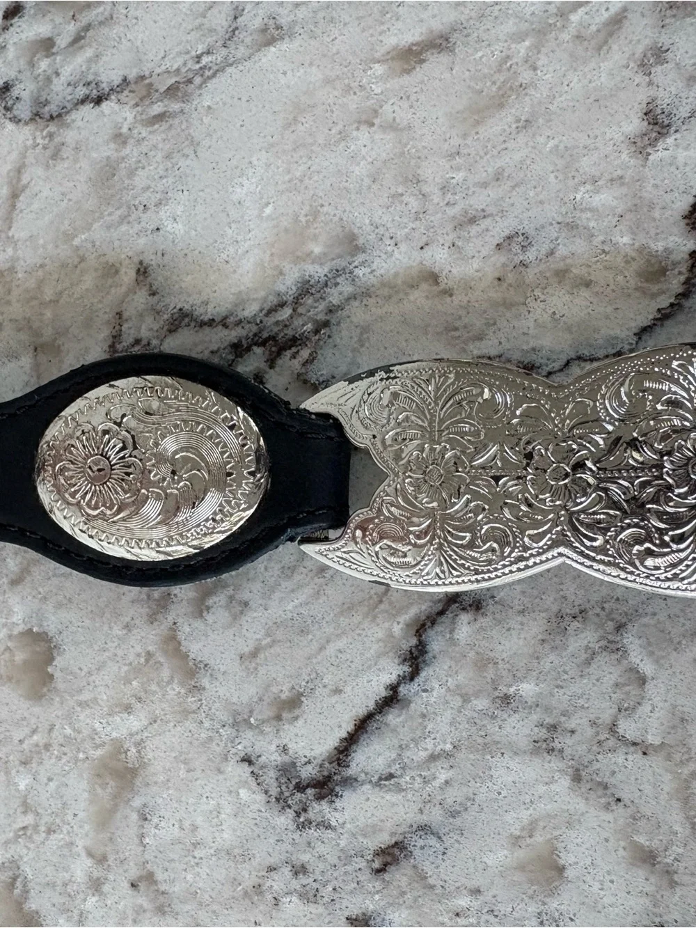 Women's Black Leather Link Belt with Silver-Tone Hardware